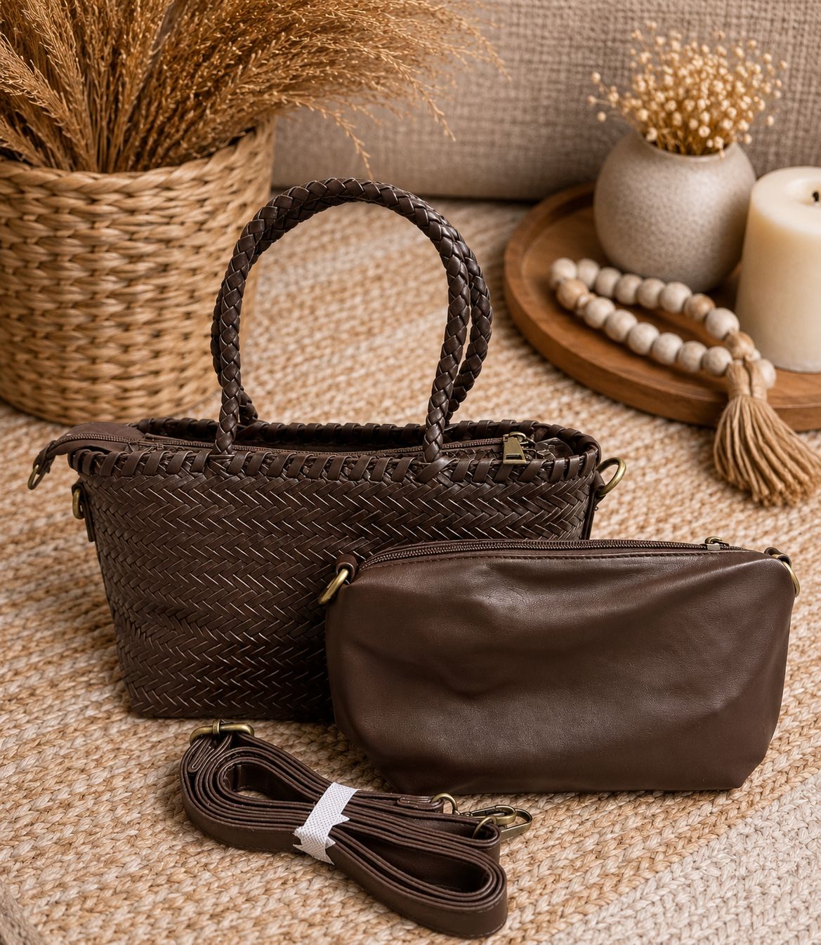 Bolso Trenzado Marrón con Bolso Interior